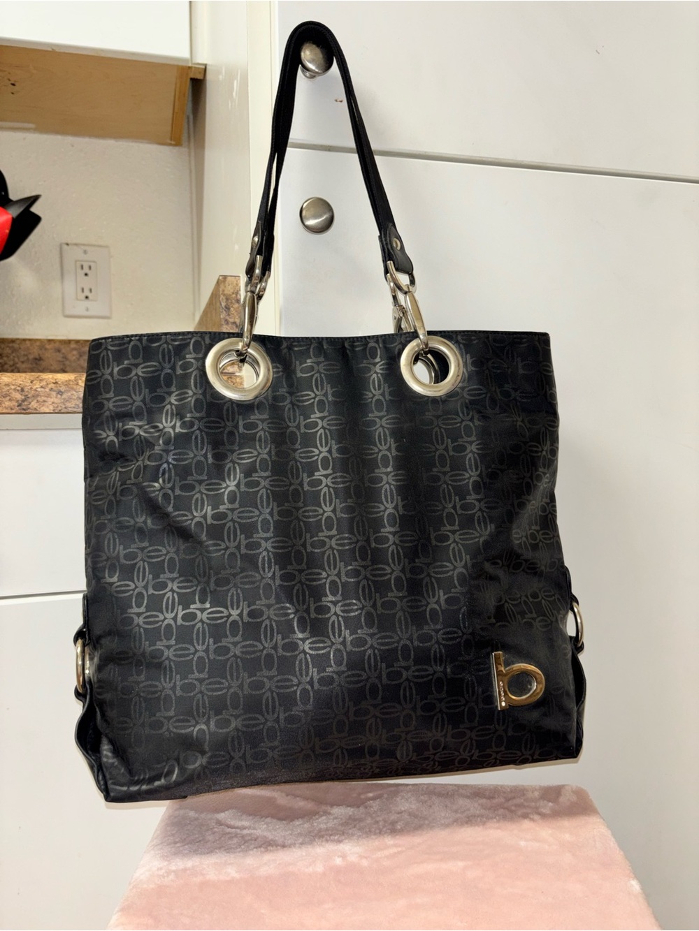 bebe y2k Black Tote with Silver-Tone Hardware